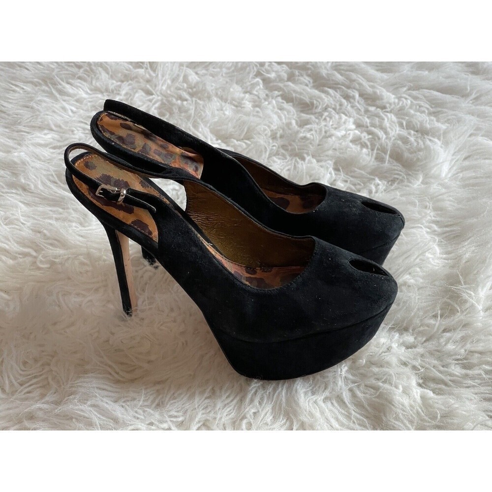 Sam Edelman Women’s Size 7.5 Black Suede Shoes Peep Toe Platform Heels - Picture 2 of 11